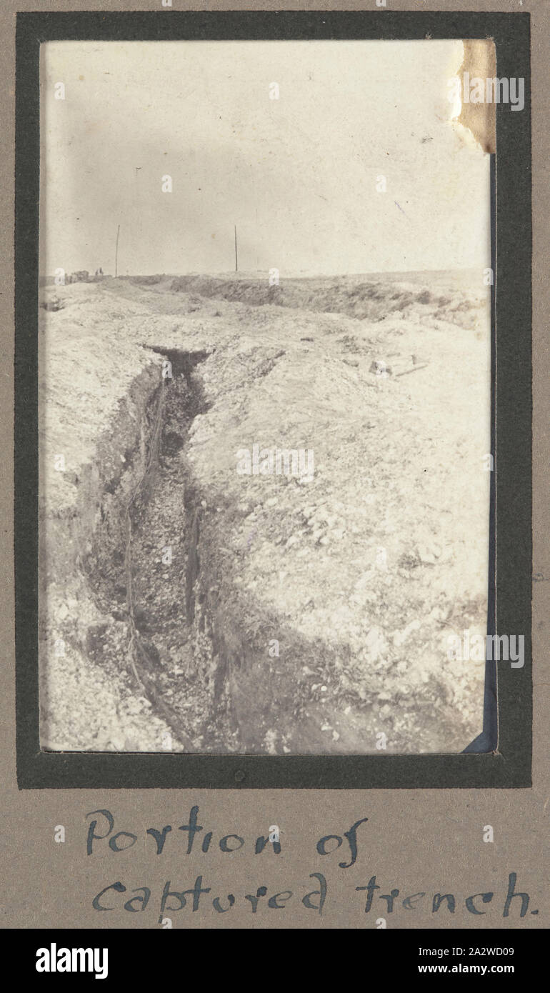 Photograph - Captured German Trench on a Somme Battlefield, France, Sergeant John Lord, World War I, 1916, Black and white photographic print which depicts a captured German trench somewhere on the Somme battlefield. Trench warfare was heavily employed by both the Allied and German forces on the Western Front during World War I. As the War progressed the positioning and design of trenches became far more organised and elaborate, reinforcing the use of trench warfare as a central battle strategy Stock Photo