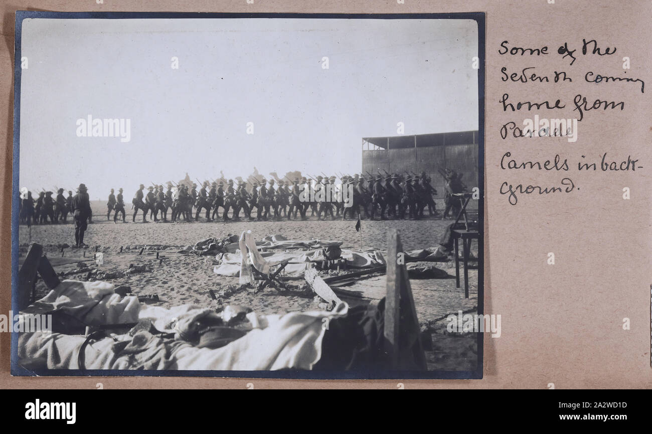 Photograph - 'Some of the Sseventh Coming Home From Parade', Egypt, Captain Edward Albert McKenna, World War I, 1914-1915, One of 139 photographs in an album from World War I likely to have been taken by Captain Edward Albert McKenna. The photographs include the 7th Battalion training in Mena Camp, Egypt, and sight-seeing. Image depicting the 7th Battalion returning to Mena Camp after a parade. Mena Camp was one of three training camps in Egypt that were used by the A.I.F. and the N.Z.E.F Stock Photo
