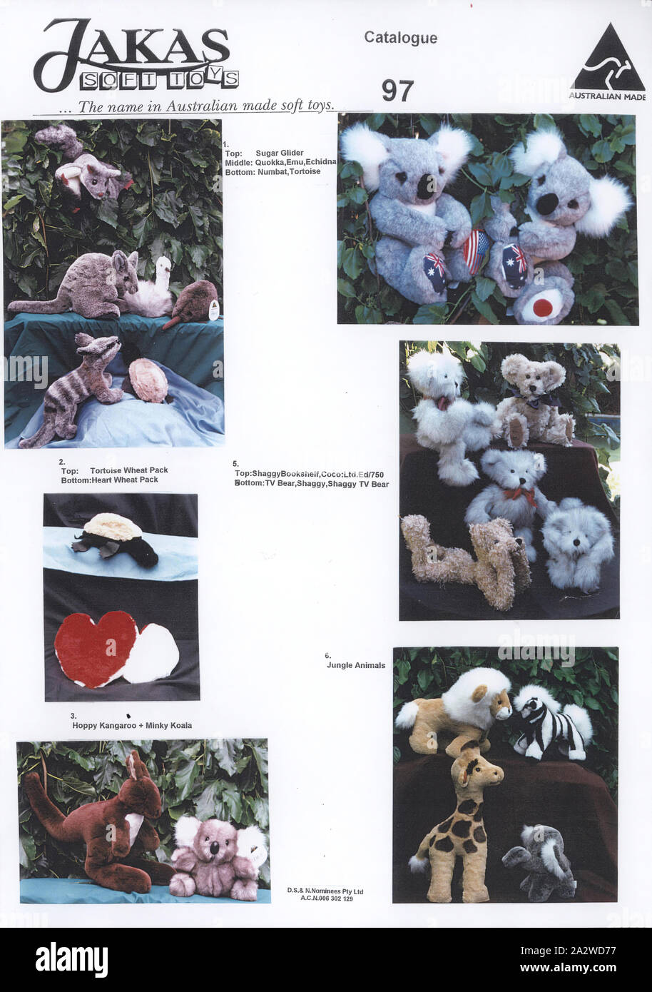 Advertising Flyer - Jakas Soft Toys, Melbourne, 1997, A single page advertising flyer showing a range of animal soft toys and wheat packs. Images feature Australian animal soft toys, jungle animal soft toys, teddy bears and wheat packs in the shape of a heart and toy tortoise. Jakas Soft Toys was a Melbourne-based company which designed and manufactured genuine high quality soft toys from 1956. Their range included teddy bears, golliwogs Stock Photo