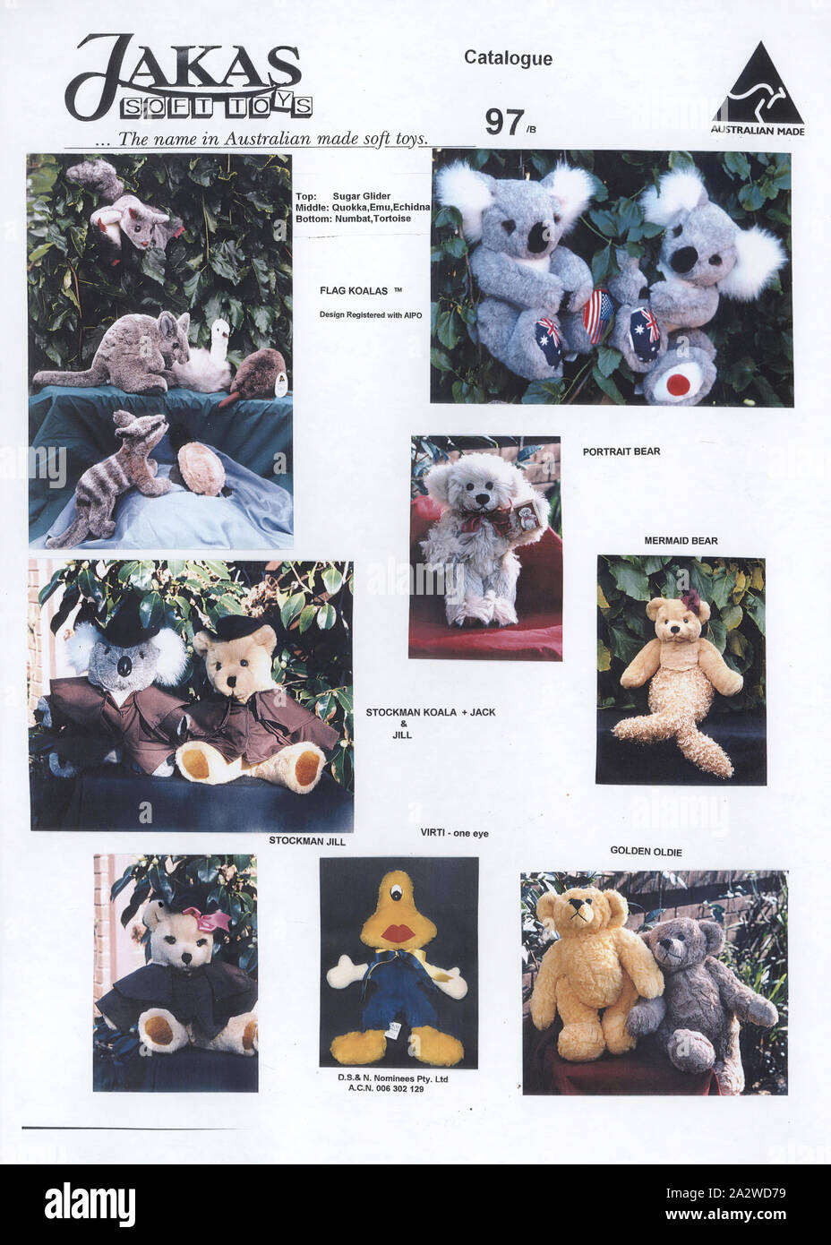 Advertising Flyer - Jakas Soft Toys, Melbourne, 1997, A single page advertising flyer showing a range of soft toys including teddy bears, Australian animals and a science fiction character named 'Virti - one eye'. Jakas Soft Toys was a Melbourne-based company which designed and manufactured genuine high quality soft toys from 1956. Their range included teddy bears, golliwogs and Australian native animals. Jakas Soft Toys ceased production in Stock Photo