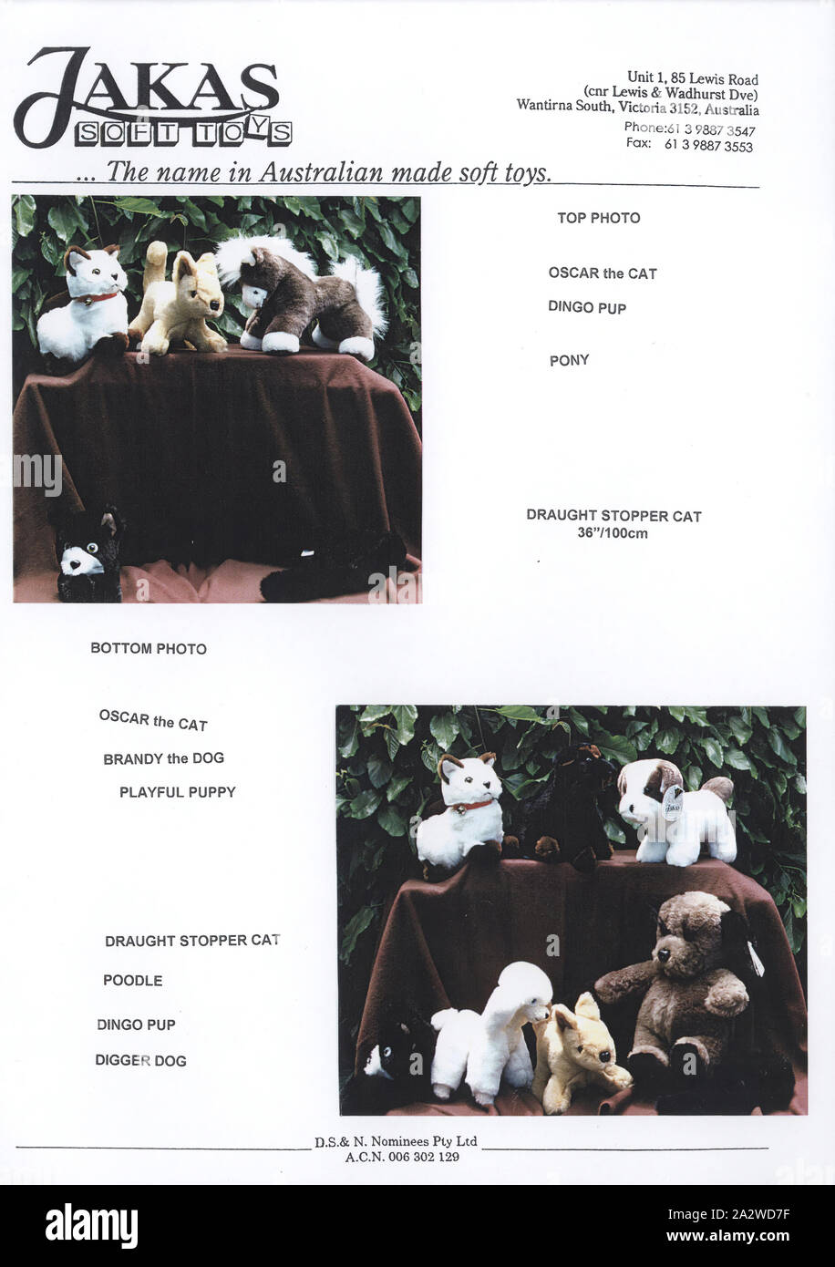 Advertising Flyer - Jakas Soft Toys, Domestic Pet Animals, Melbourne, circa 1998, A single page advertising flyer shows a range of pet animal soft toys, featuring cats, dogs, dingo pups and a pony, each with specific names for identification. Jakas Soft Toys was a Melbourne-based company which designed and manufactured genuine high quality soft toys from 1956. Their range included teddy bears, golliwogs and Australian native animals. Jakas Soft Toys ceased production in Stock Photo