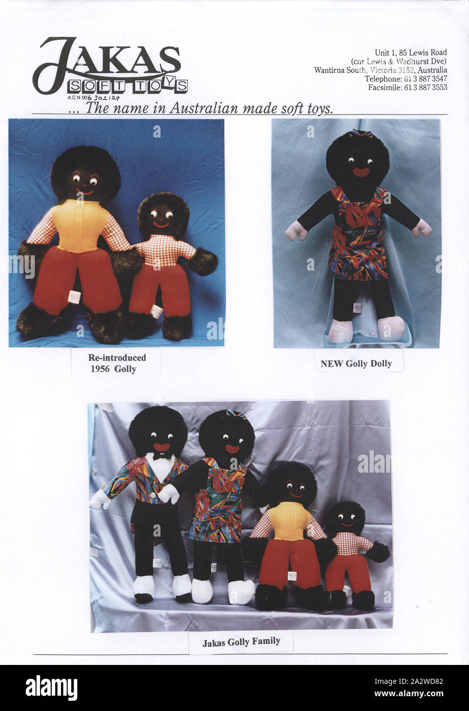 Advertising Flyer - Jakas Soft Toys, Golly Dolls, Melbourne, circa 1990s, A single page advertising flyer showing the range of 'golliwog' soft toys available. Colour images show the 1956 reintroduced 'Golly' soft toy designs, the new 'Golly Dolly' and the 'Jakas Golly Family'. Jakas Soft Toys was a Melbourne-based company which designed and manufactured genuine high quality soft toys from 1956. Their range included teddy bears, golliwogs and Australian native Stock Photo