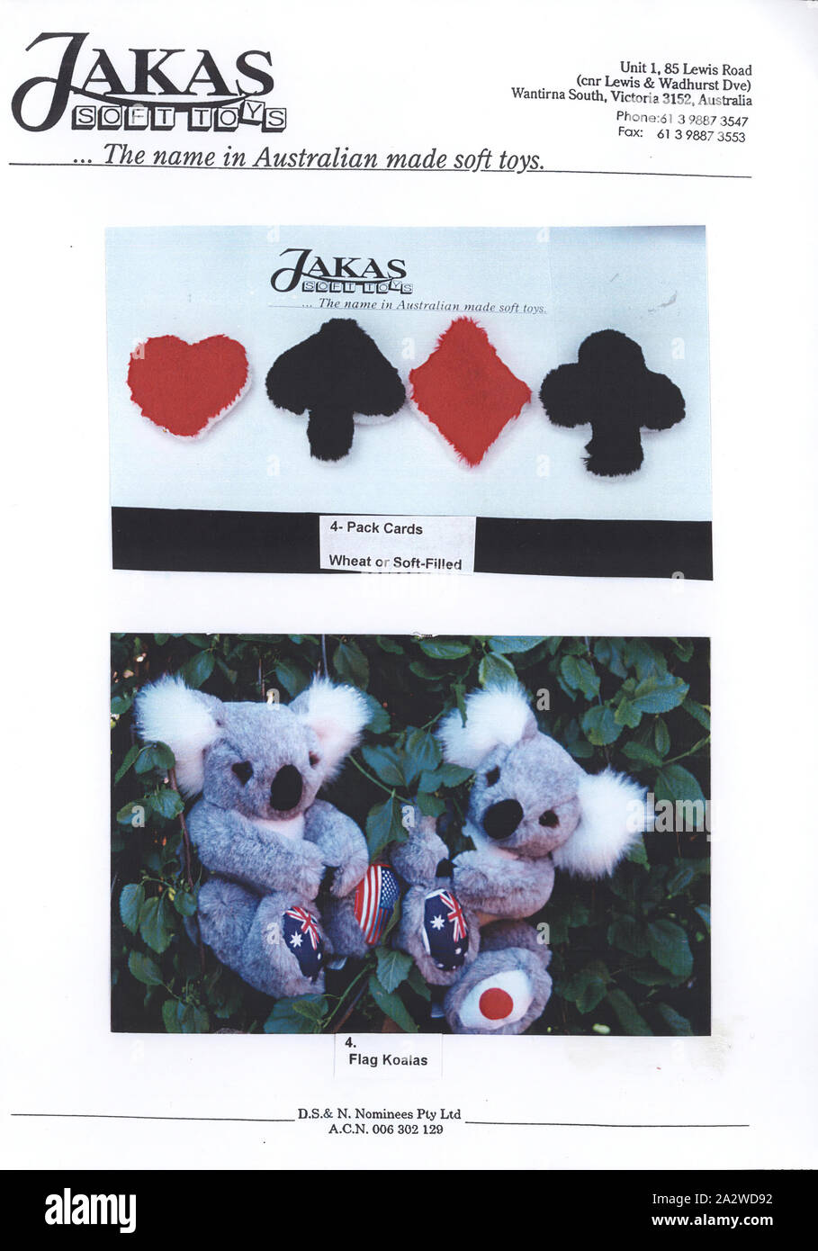 Advertising Flyer - Jakas Soft Toys, Playing Card Suits & Flag Koalas, Melbourne, 1997, A single page advertising flyer showing the playing card suits, Hearts, Spades, Diamonds and Clubs, designed as wheat bags and soft toys and two koala soft toys, known as the 'Flag Koalas'. Jakas Soft Toys was a Melbourne-based company which designed and manufactured genuine high quality soft toys from 1956. Their range included teddy bears, golliwogs and Australian native animals. Jakas Soft Stock Photo