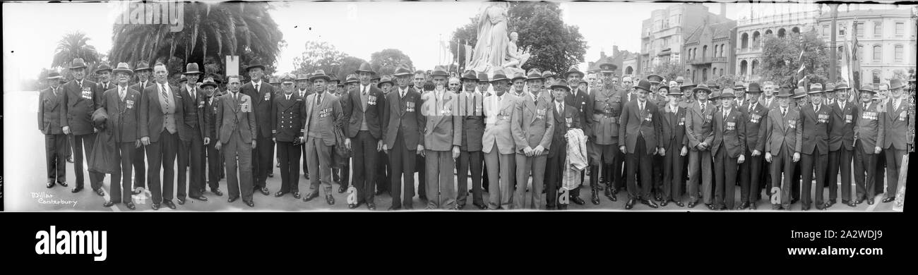 Negative - Anzac Day, Melbourne, post 1918, Panoramic negative. Anzac Day marchers, Melbourne, post World War I. Donated by the RSL in 1988, the photograph was one of several in turn donated to the RSL by Mrs Glad Shepperd. The group is described as 'Post W.W.I. marchers in Melbourne Stock Photo