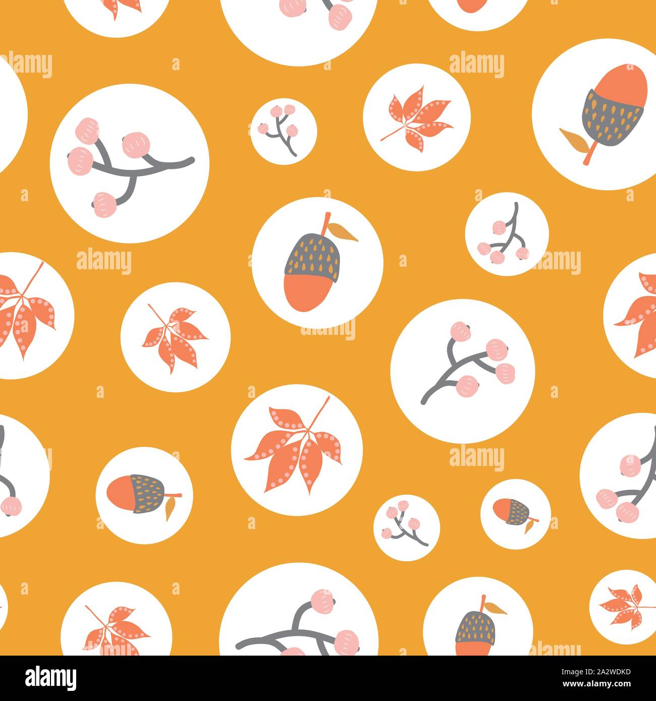 Scattered autumn elements in polka dots seamless vector background. Abstract fall pattern. Repeating texture Scandi leaves, acorn, maple, berry Stock Vector