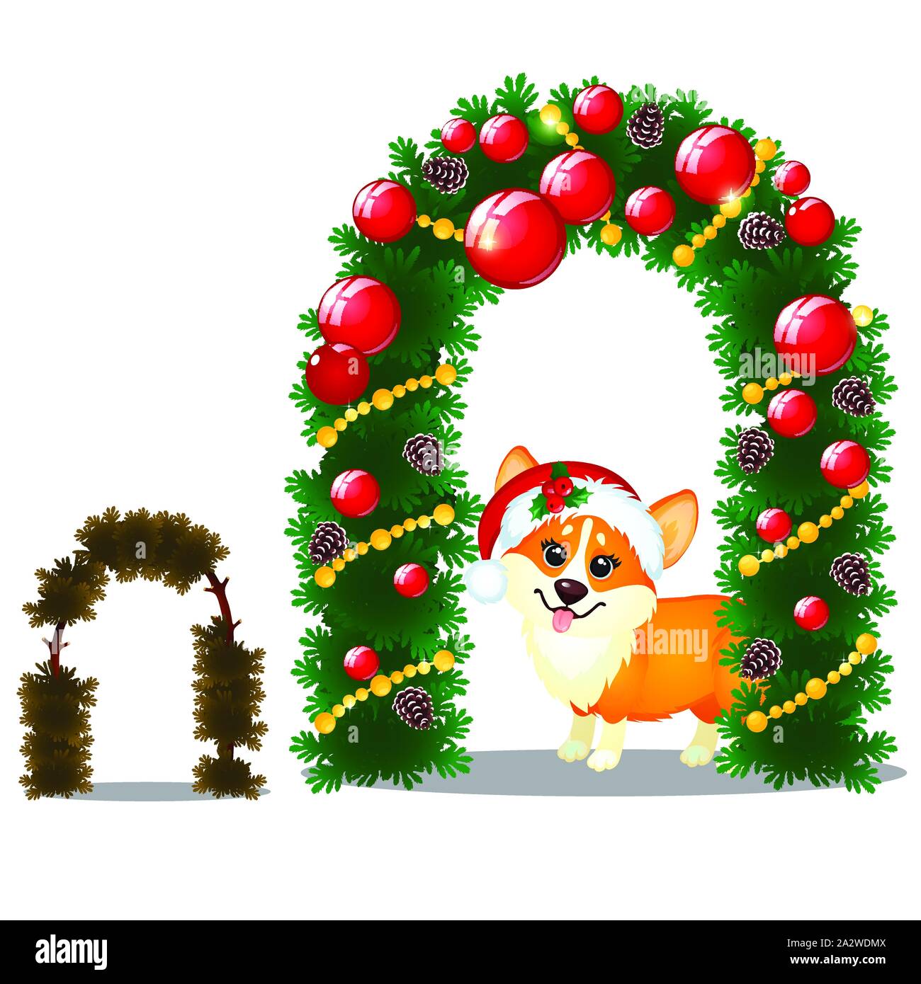 Little yellow dog with cap of Santa Claus and arch of twigs of spruce isolated on a white background. Sketch of Christmas festive poster, party Stock Vector