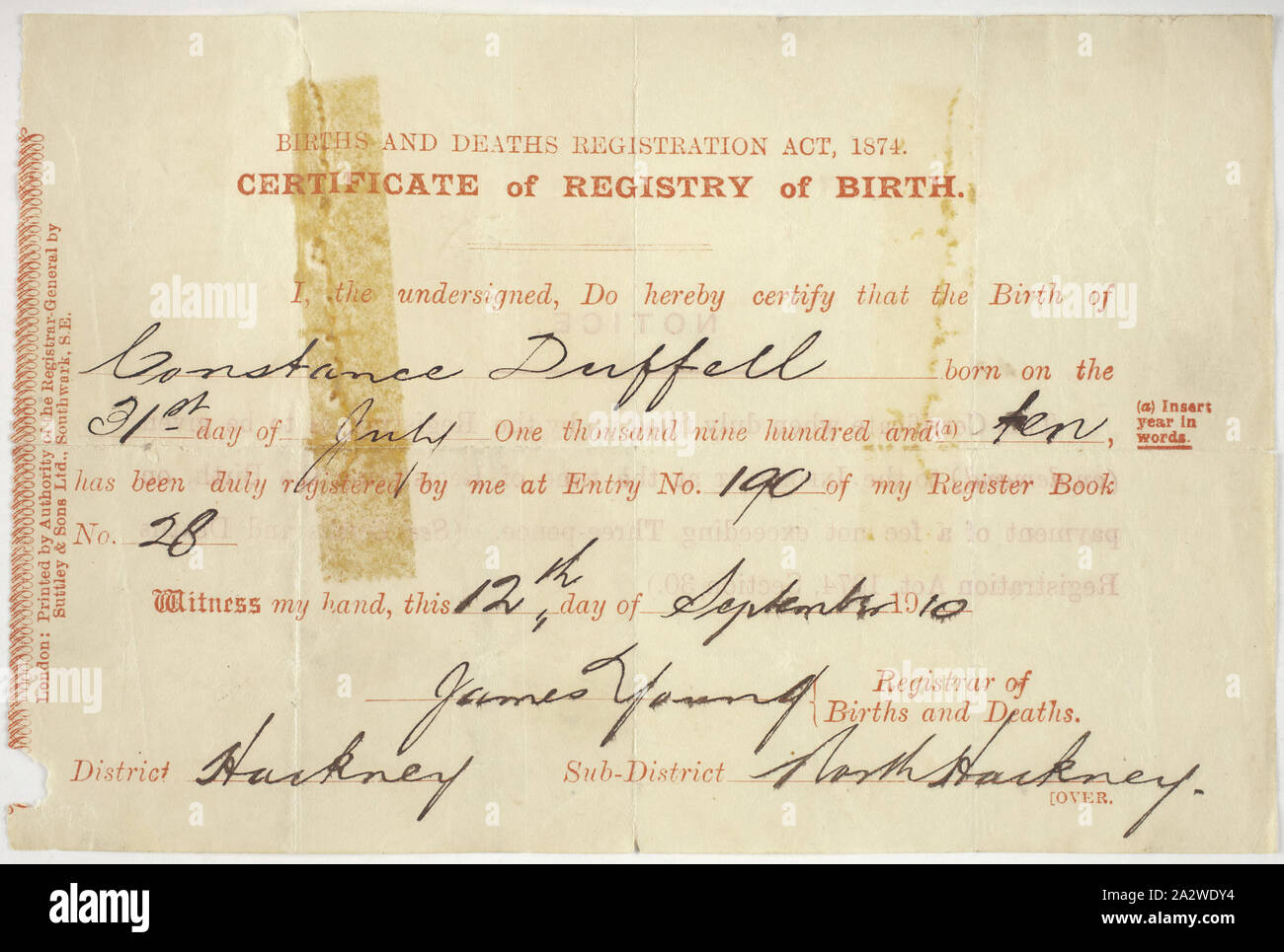 Birth Certificate Constance Duffell, England, 12 Sep 1910, Birth