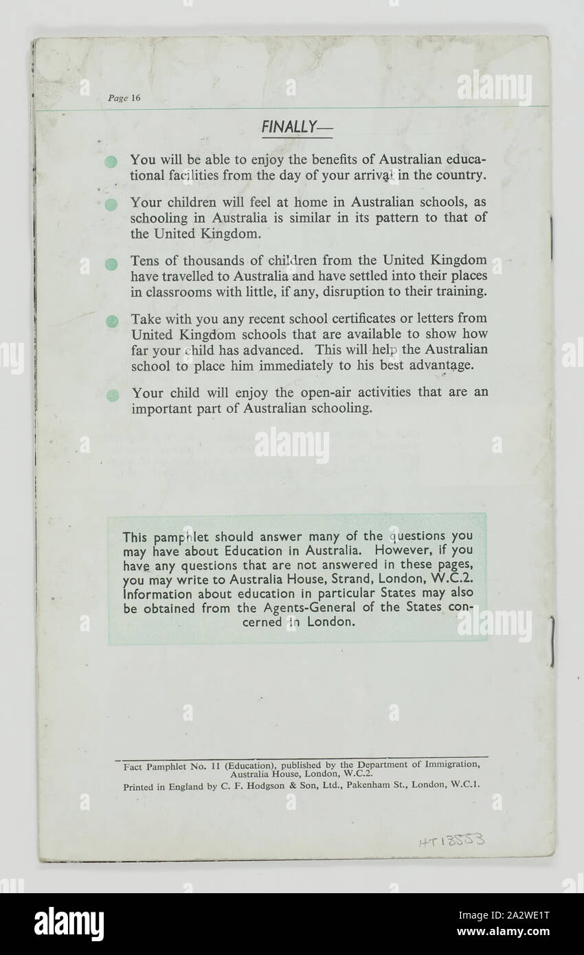 Booklet - Facts About Education in Australia, 1962, Booklet issued in United the Australian Department of Immigration in It details for intending migrants pre-school education, primary secondary education,