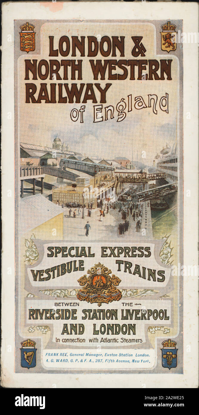 Booklet - 'London & North Western Railway of England', London, England, 1911, 'London & North Western Railway of England' is a booklet issued by the London and North Western Railway in London, England in 1911. It provides travel information for passengers of the railway. This is one of about eighty travel brochures, maps, railway time tables, postcards and guidebooks collected by Miss Olive Oliver during her round-the-world tour of the United States of America, Britain Stock Photo