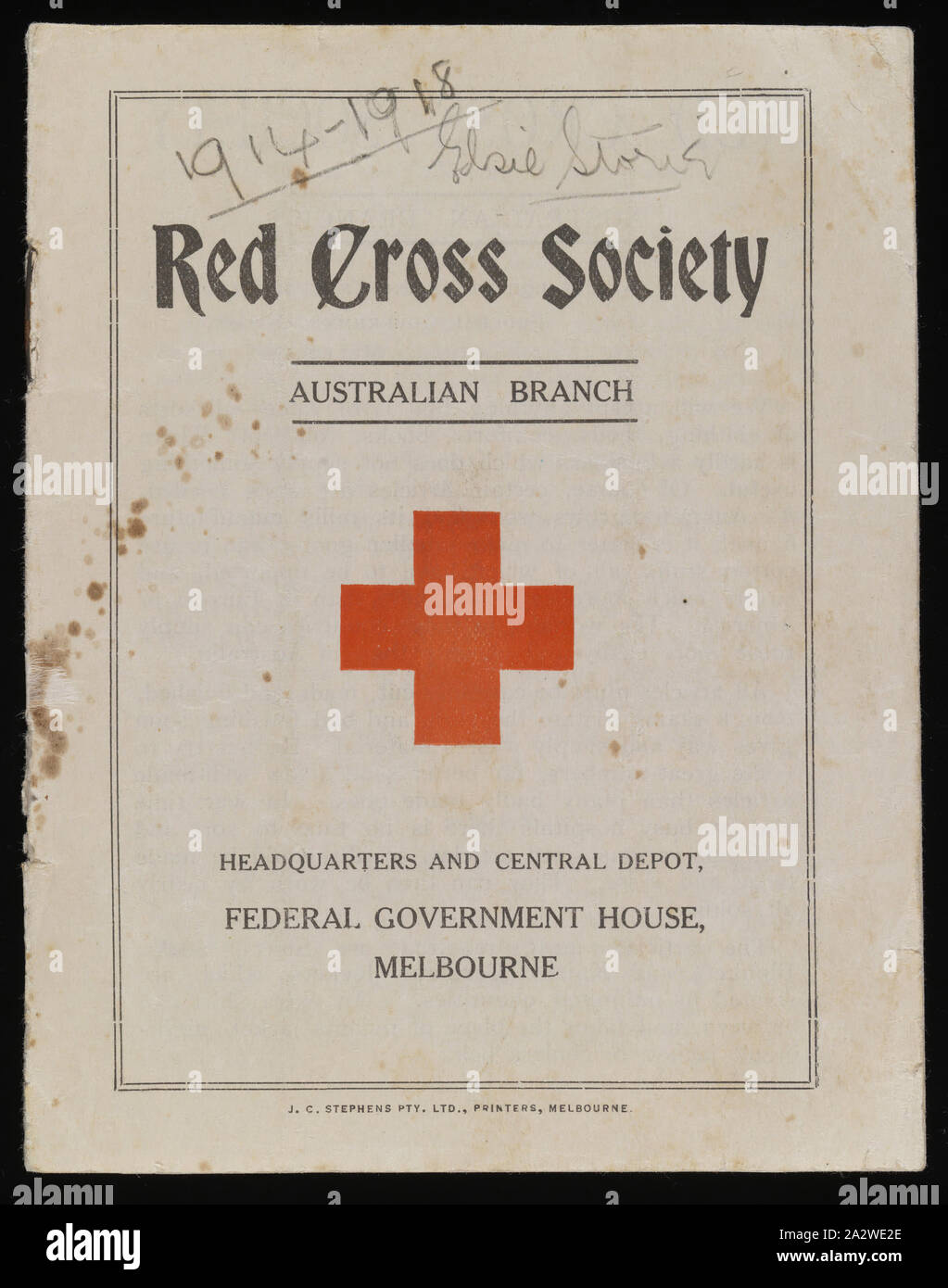 Booklet - Red Cross Society, Goods Needed for War Effort, Australian Branch, World War I, circa 1914, Paper booklet with information about goods which were needed by the Red Cross during World War I for onward transmission to servicemen and to Army hospitals. The booklet was printed by J.C. Stephens Pty Ltd, Melbourne, around 1914. The booklet belonged to Miss Elsie Storie of Brunswick, later of Canterbury, a young woman during the War. During the World War I, Australians made thousands of socks Stock Photo