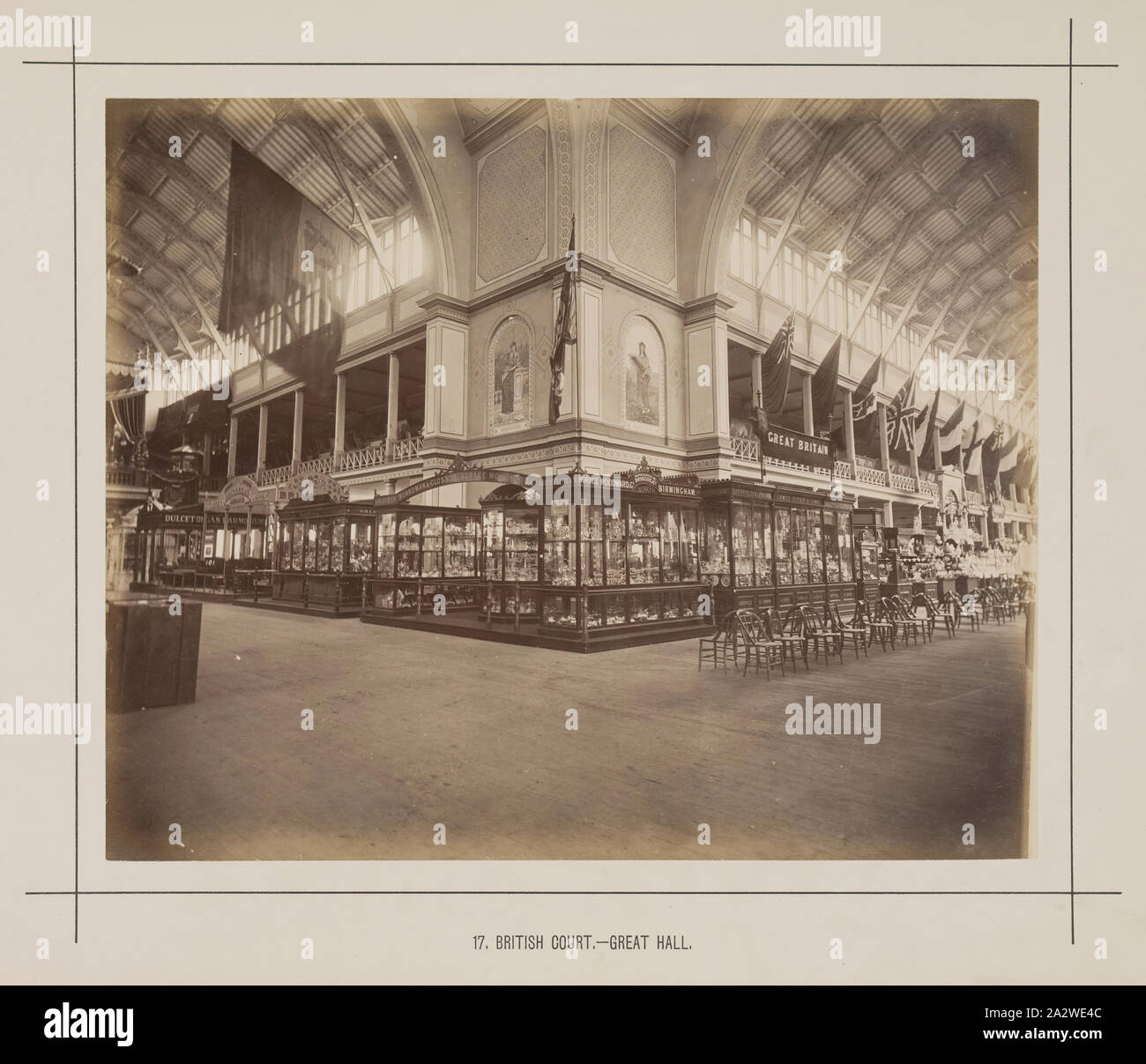 Photograph - British Court, Great Hall, Exhibition Building, 1880-1881, View of the north-eastern corner of the central transept, under the Great Dome, of the British Court in the Great Hall at the 1880 Melbourne International Exhibition held at the Exhibition Buildings, Carlton Gardens, between 1 October 1880 and 30 April 1881. In addition to the main permanent Exhibition Building, two permanent annexes as well as a large, central wooden temporary annexe was Stock Photo