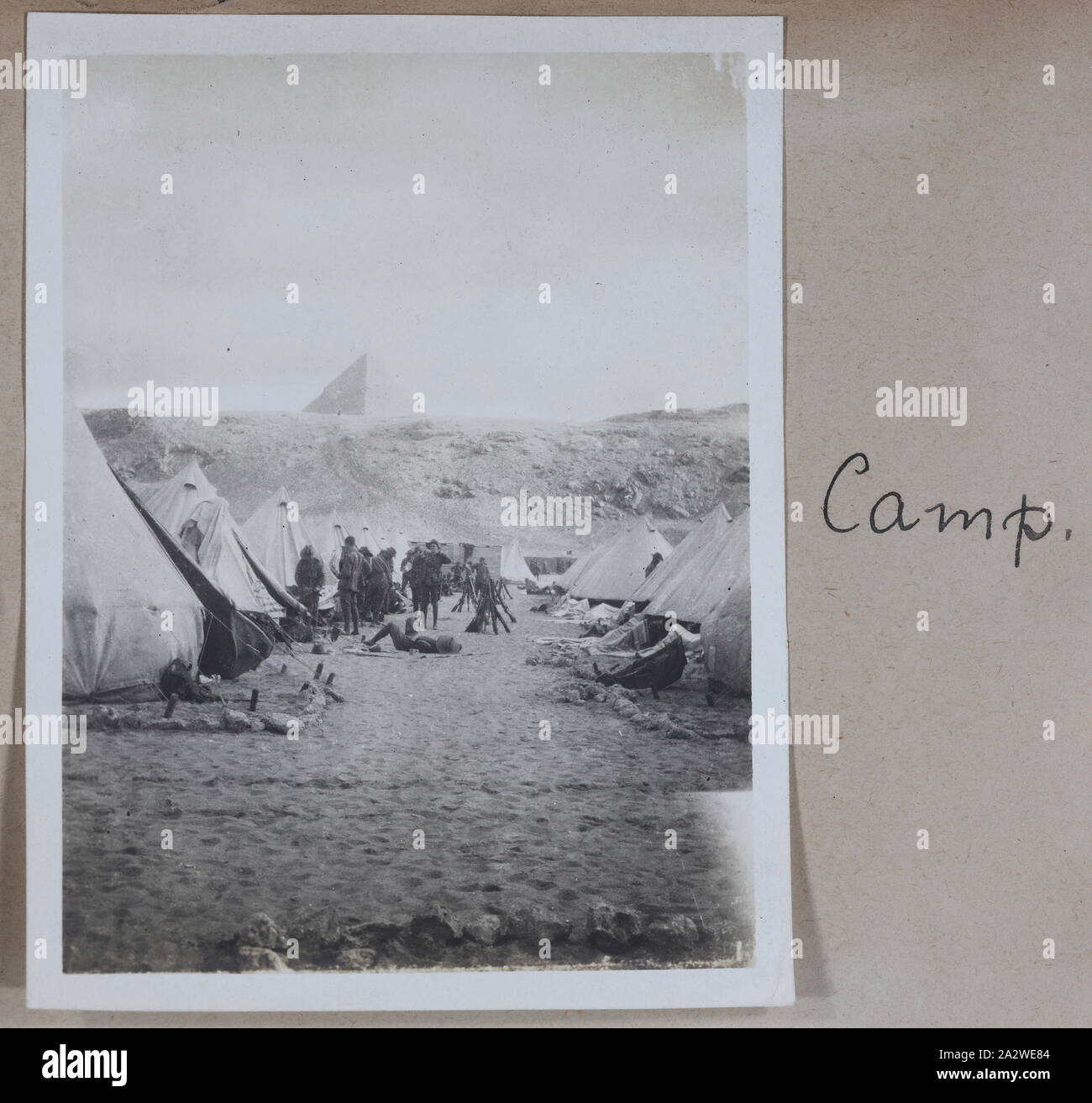 Photograph - 'Camp', Egypt, Captain Edward Albert McKenna, World War I, 1914-1915, One of 139 photographs in an album from World War I likely to have been taken by Captain Edward Albert McKenna. The photographs include the 7th Battalion training in Mena Camp, Egypt, and sight-seeing. Image depicting a line of tents at Mena Camp, Egypt. Mena Camp was one of three training camps in Egypt used by the A.I.F. and the N.Z.E.F Stock Photo