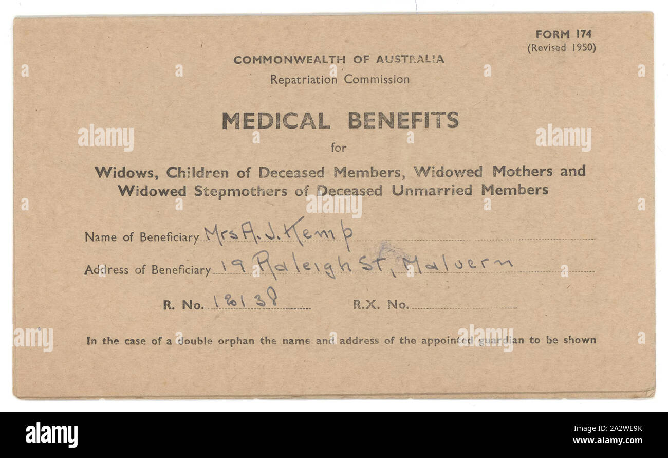 Card - Medical Benefits Form 174, Annie Kemp, post 1950, Commonwealth of Australia Repatriation Commission Medical Benefits form 174 (revised 1950) for widows, children of deceased members, widowed mothers, widowed stepmothers of deceased unmarried members. It names the beneficiary Mrs. A.J. Kemp of 19 Raleigh St, Malvern. She was the widow of Pte Albert Edward Kemp (service number 6800), who was killed in action in World War I in 1917. Albert Edward Stock Photo