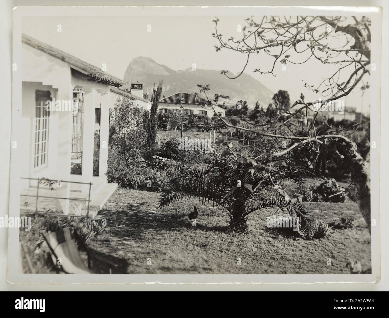 Photograph - Casita Verde, La Linea, Spain, circa 1936, Photograph of a house in La Linea Spain overlooking the Rock of Gibraltar, circa 1936. The image is a picture of John Gordon-Kirkby's first home. John was born in Gibraltar on 26 August 1936. His parents lived in La Linea but due to the political instability in Spain at the time they went across to the hospital in Gibraltar so he could be born on British soil. John lived in Morocco and briefly Stock Photo