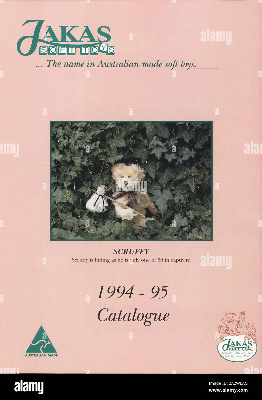 Catalogue - Jakas Soft Toys, Melbourne, 1994-1995, Jakas Soft Toys 1994-95 catalogue. The catalogue shows colour images of the various soft toys available with descriptions of Name, Size, Colour, Fabric and what is included with each toy. Jakas Soft Toys was a Melbourne-based company which designed and manufactured genuine high quality soft toys from 1956. Their range included teddy bears, golliwogs, animals and birds. Jakas Soft Toys ceased Stock Photo