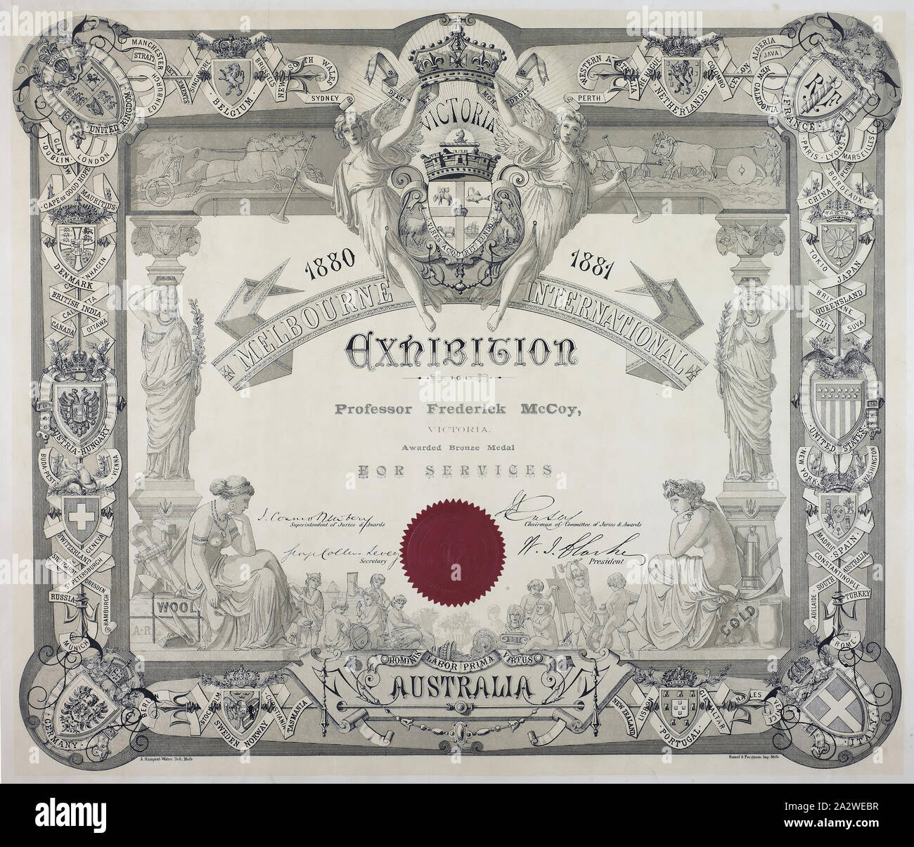 Certificate - Melbourne International Exhibition, Awarded to Thomas Gaunt, 1880-1881, Certificate of fourth order of merit awarded to Thomas Gaunt, Melbourne for barometers, thermometers and hydrometers, at the Melbourne International Exhibition, 1880-81 Stock Photo