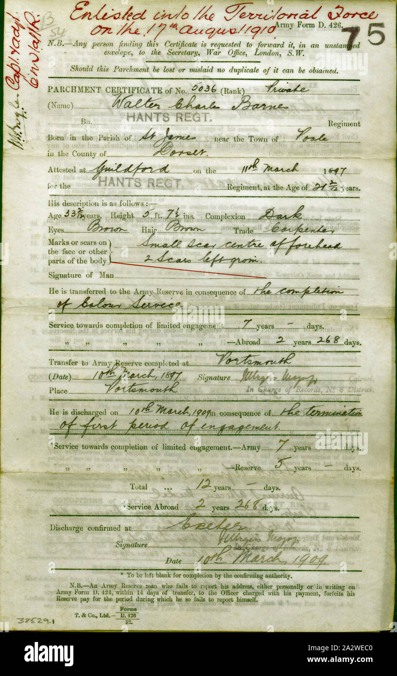 Certificate of Discharge - Issued to Private Walter Charles Barnes, Territorial Force, Great Britain, 10 Mar 1909, Certificate of discharge for Private Walter Charles Barnes of the Hampshire Regiment in consequence of the termination of first period of engagement. Barnes completed five years of reserve and seven years army service, including two years and 268 days abroad. The certificate includes details about Barnes' conduct and character, campaigns and medals Stock Photo