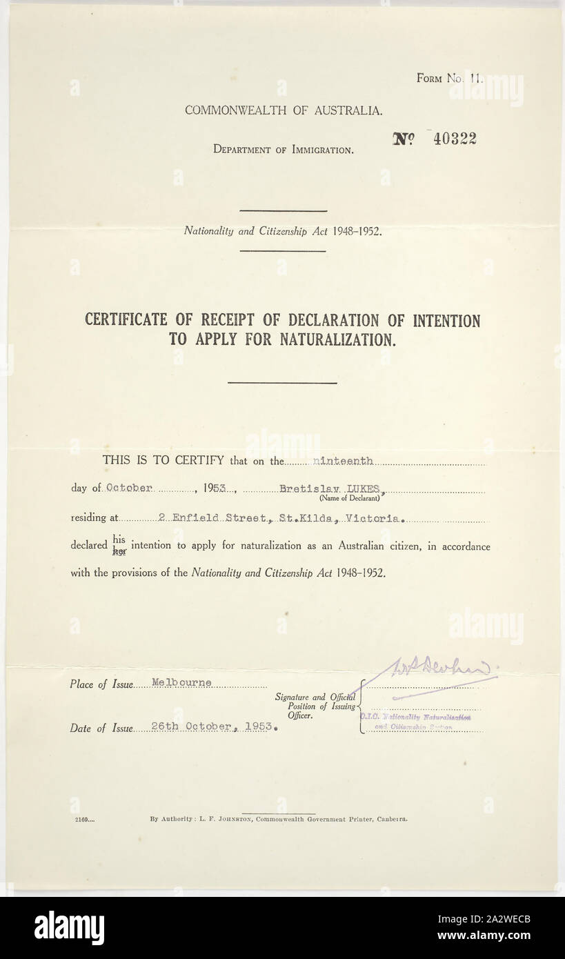 Certificate - Receipt of Declaration of Intention to Apply for Naturalisation, Issued to Bretislav Lukes, Department of Immigration, 26 Oct 1953, Certificate of Receipt of declaration of Intention to Apply for Naturalization, issued by the Department of Immigration to Bretislav Lukes on 26 October 1953. Born 12 January 1922 in Stankou in Czechoslovakia, Bretislav trained as an electrician while in an International Refugee Organisation Camp. He migrated to Australia on the Goya in 1950 and was sent to Bonegilla. His compulsory employment was Stock Photo