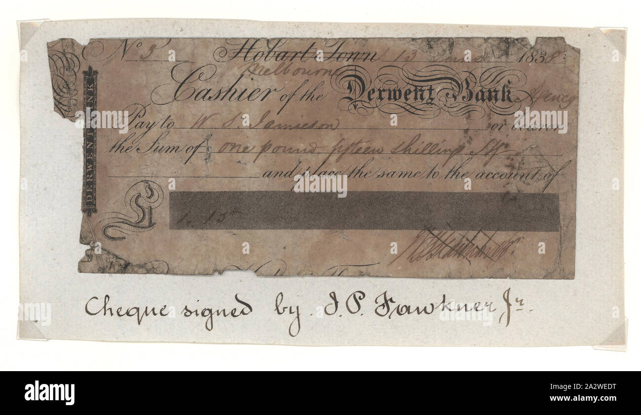 Cheque - John Pascoe Fawkner to W.S. Jamieson, Victoria, Australia, 13 Jun 1838, Cheque issued by John Pascoe Fawkner to W.S. Jamieson, Melbourne, Australia, 1838 Stock Photo