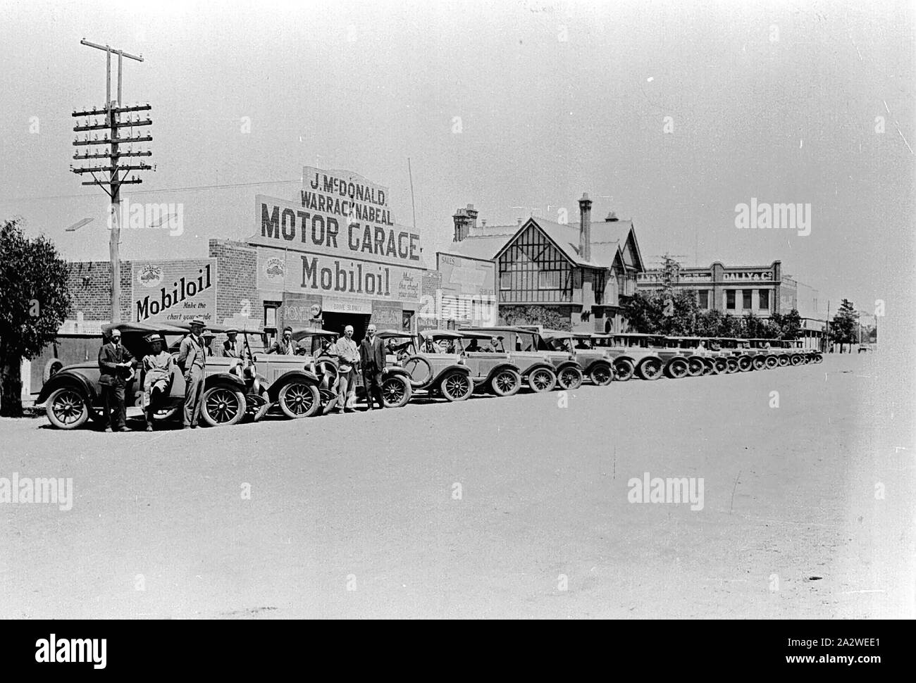 Negative - Warracknabeal, Victoria, 1920-1930, A line up of Chevrolet cars outside J. Mcdonald Motor Garage Stock Photo