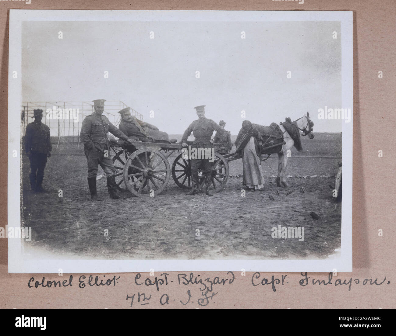 Photograph - 'Colonel Elliott, Capt. Blizzard, Capt. Finlayson, 7th A.I.F.', Egypt, Captain Edward Albert McKenna Album, World War I, 1914-1915, One of 139 photographs in an album from World War I likely to have been taken by Captain Edward Albert McKenna. The photographs include the 7th Battalion training in Mena Camp, Egypt, and sight-seeing. Image depicting Colonel Elliott and Captains Blizzard and Finlayson. Lieutenant-Colonel Harold Edward Pompey Elliott was the officer in charge of the 7th Battalion. By the end of the war Colonel Stock Photo