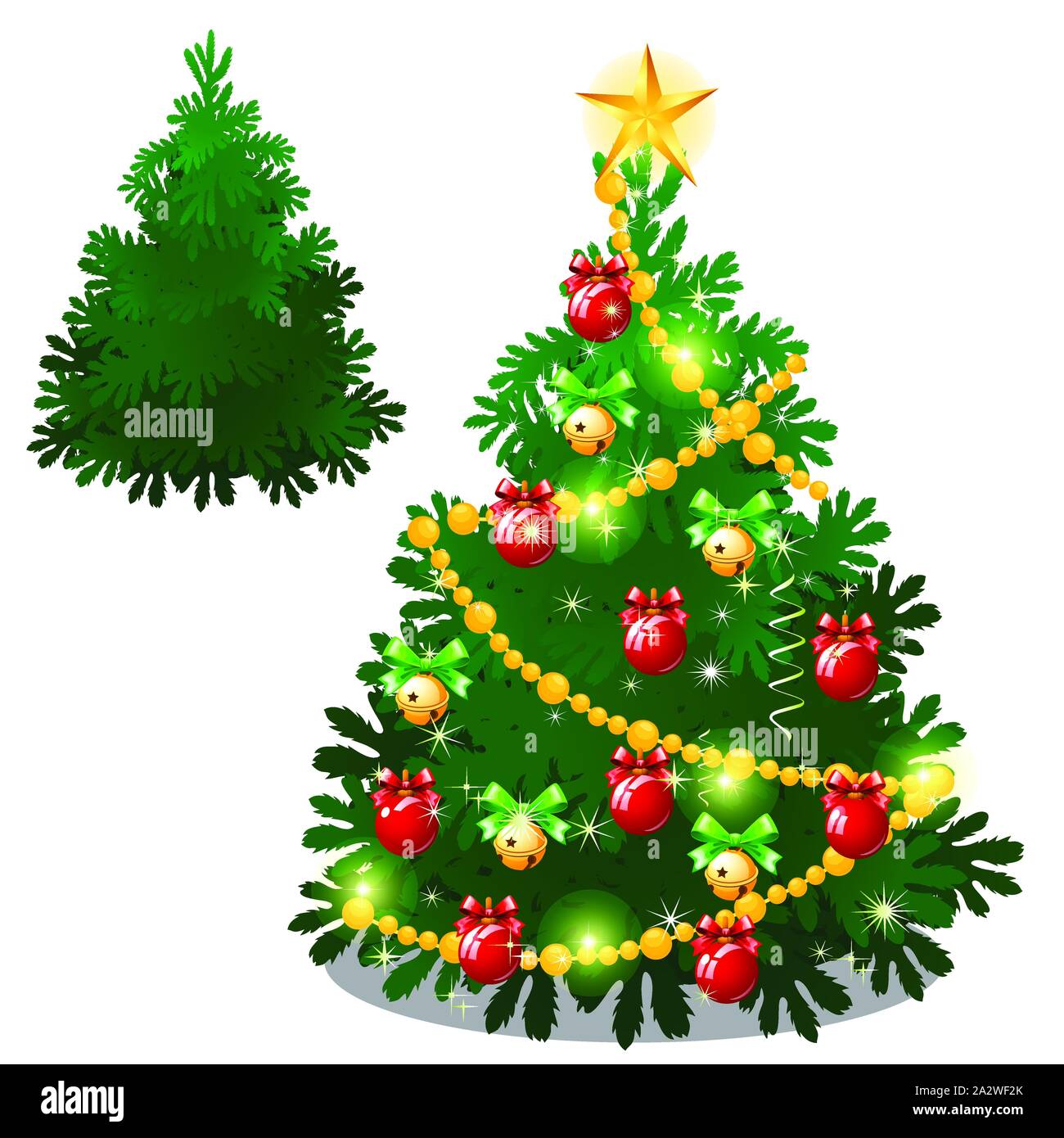 Set of empty and brightly decorated Christmas tree with baubles isolated on white background. Sketch of festive poster, party invitation, other Stock Vector