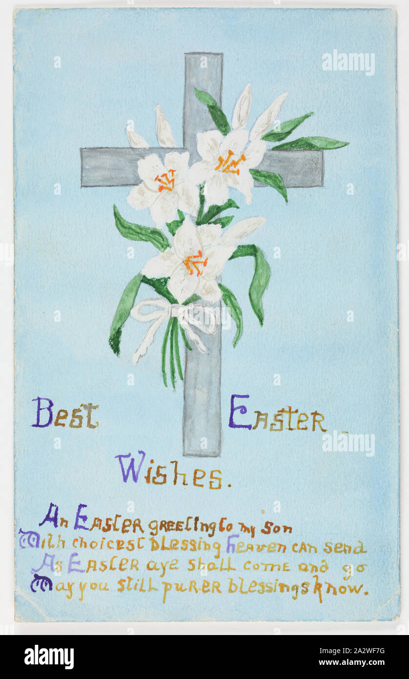 Drawing - HMAS Australia, 'Best Easter Wishes' 1914-1918, One of 63 postcards contained in an album that was owned by Cliff Nowell. There are 25 postcards mounted inside the album and 38 postcard held loosely with in it, (loose postcards housed separately). The images depict photographs of sailors from HMAS Australia and of family and friends. It also conatins a mixture of hand-painted cards (two), original photographs Stock Photo