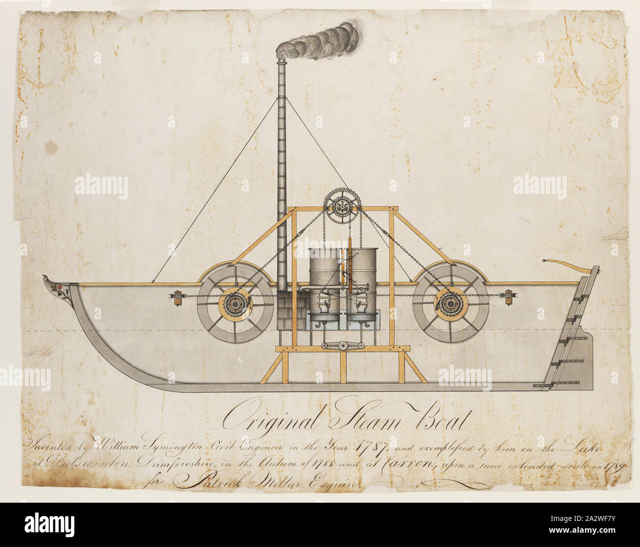 Engineering Drawing - William Symington, Original Steam Boat for Patrick Miller Esq, 1787-1788, Ink and water-colour technical drawing showing a longitudinal cross-sectional elevation of the first paddlesteamer built by the Scottish engineer and inventor, William Symington, C.E., with assistance from James Taylor and others, in 1787-88. The vessel depicted is an experimental steam-powered paddleboat built for Patrick Miller Esq., a prominent Edinburgh merchant and banker. Late in 1787 Stock Photo