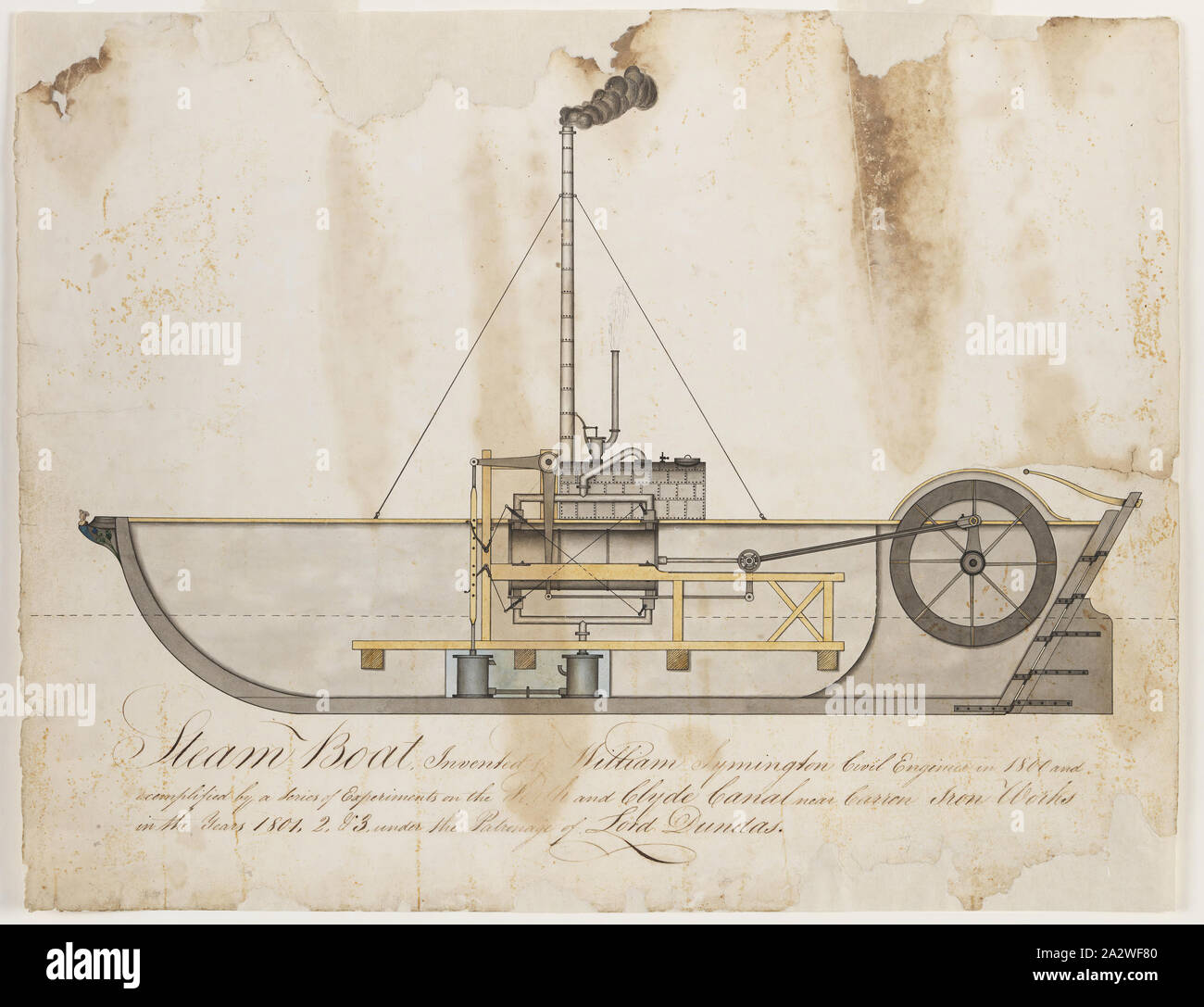 Engineering Drawing - William Symington, 'Charlotte Dundas', Steam Boat Invented for Lord Dundas, 1801-1803, Ink and water-colour technical drawing showing a longitudinal cross-sectional elevation of the fourth and final experimental paddlesteamer built under the direction of the Scottish engineer and inventor, William Symington, C.E.. The vessel depicted is the second of two steam-powered paddleboats designed by Symington for the Forth and Clyde Navigation Company at the instigation of Lord Dundas (Sir Stock Photo