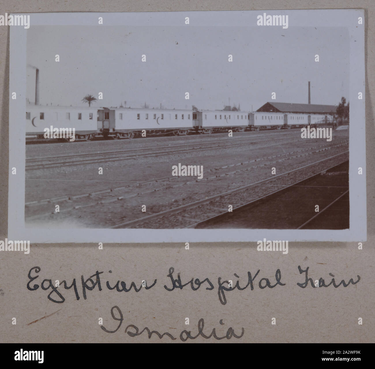 Photograph - 'Egyptian Hospital Train', Egypt, Captain Edward Albert McKenna, World War I, 1914-1915, One of 139 photographs in an album from World War I likely to have been taken by Captain Edward Albert McKenna. The photographs include the 7th Battalion training in Mena Camp, Egypt, and sight-seeing. Image depicting the Egyptian hospital train at Ismalia Stock Photo