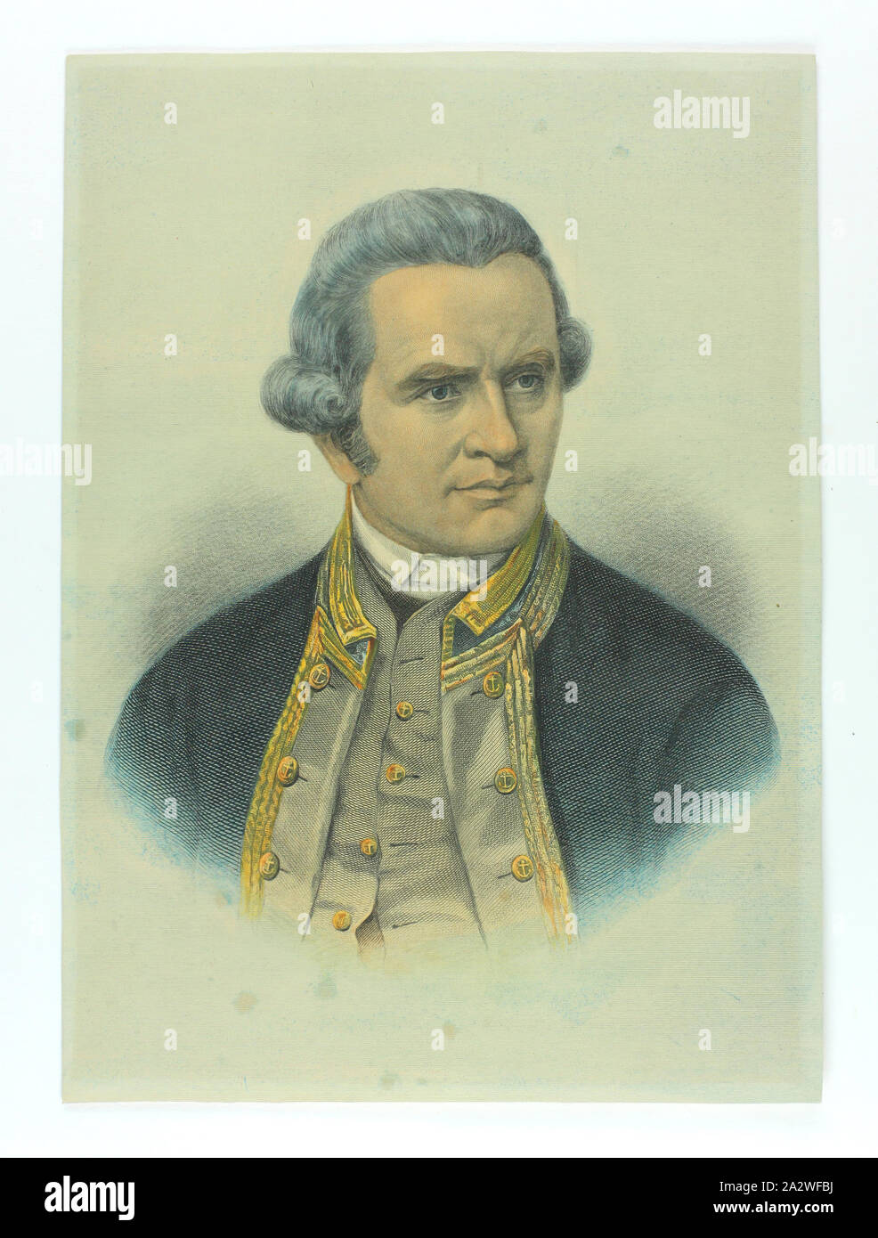 Engraving - Portrait of Captain James Cook, Hand-coloured, 19th century, Engraved portrait of Captain James Cook, hand-coloured. Identified by appearance rather than inscription, which is absent. It is likely to date to the 19th century. The artist is not identified on the portrait. It is similar to an engraving identified as by H.B. Halls (Henry Bryan Halls) & Sons after artist William McLeod (1850-1929). Note also the engraving of Cook by Edward Scriven (1775-1841 Stock Photo