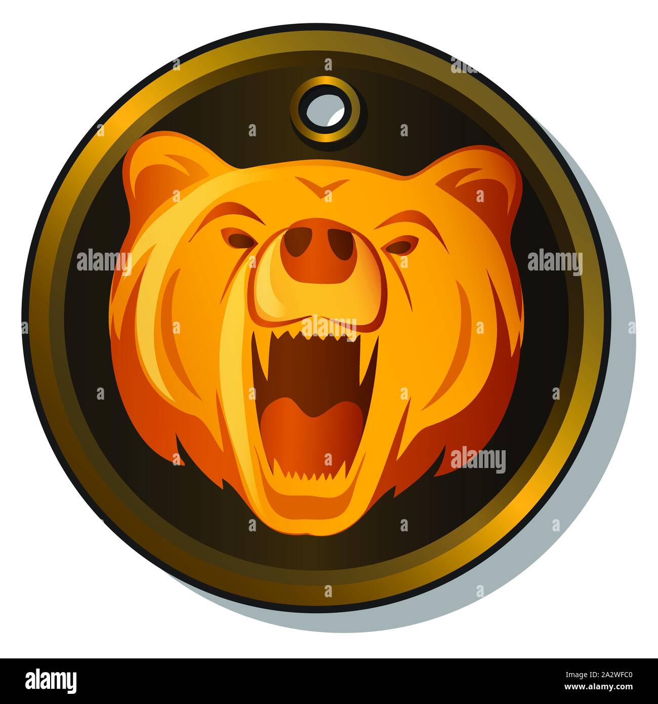 Round metal pendant with the engraved image of the muzzle of a growling bear isolated on white background. Vector cartoon close-up illustration. Stock Vector