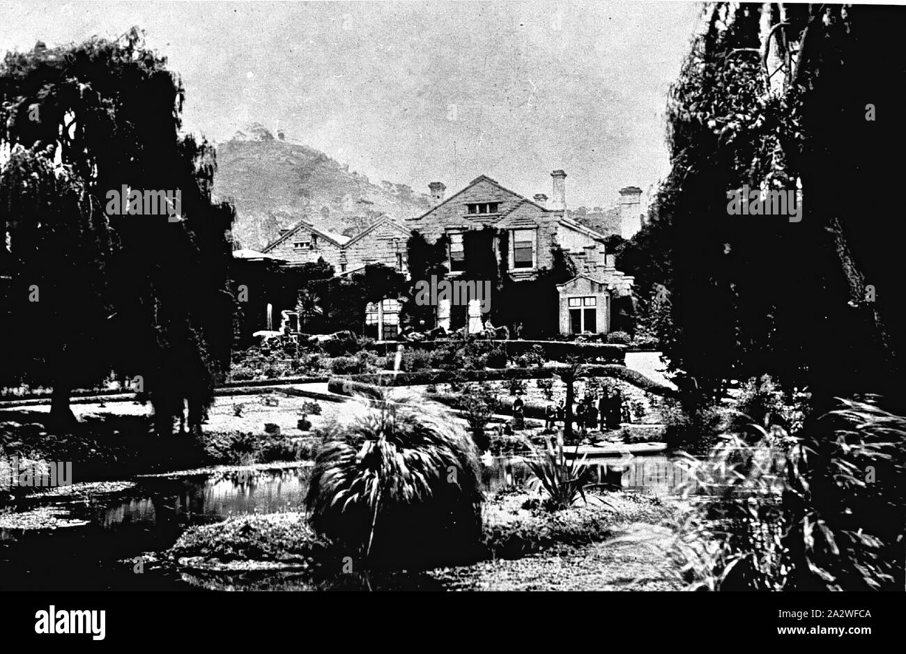 Negative - 'Ercildoune' Homestead, Ballarat, Victoria, 1879, 'Ercildoune' homestead. This illustration was published in 'Salmon at the Antipode.'. A small lake is located in front of the homestead, which is surrounded by large trees and bushes. There is a garden with small plants directly in front of the homestead, and there are plants growing on the building. The homestead has two chimneys and several large windows Stock Photo