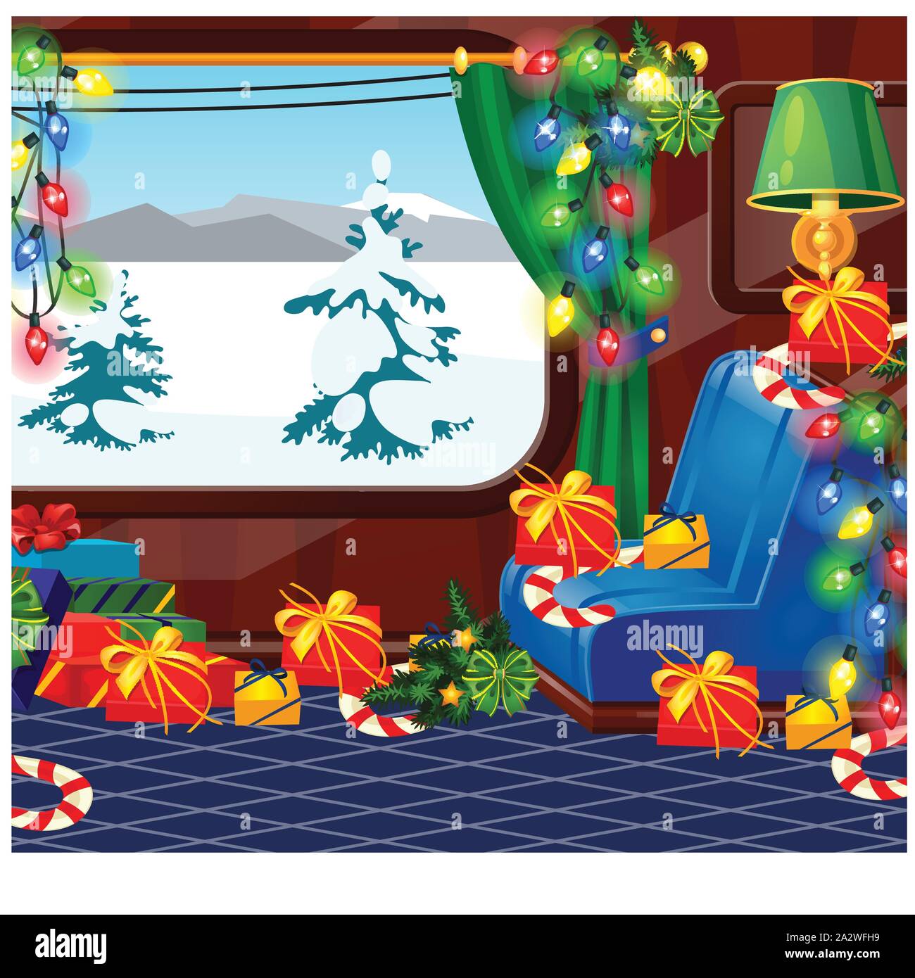 View from window of a train decorated in Christmas style. Gift boxes with ribbon bow. Holiday trip and travel. Sample of poster, party invitation Stock Vector