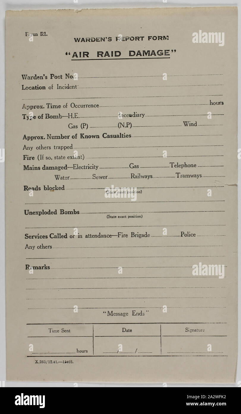 Form - Warden's Report, 'Air Raid Damage', World War II, 1939-1945, A printed form intended for use for recording damage incurred as a result of an air raid during World War II. It has not been filled out Stock Photo