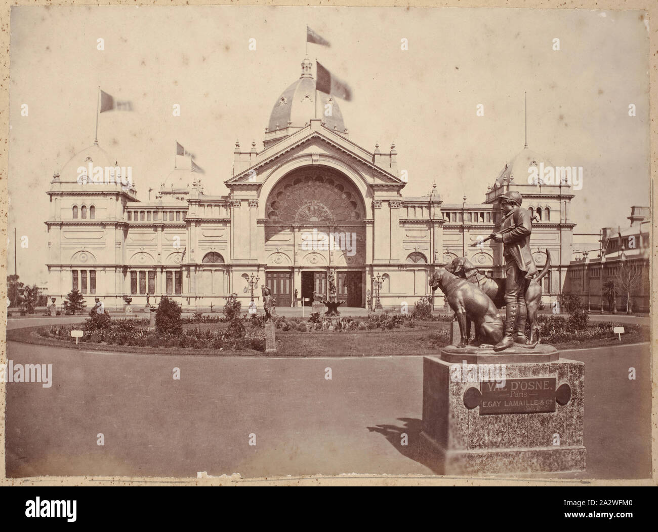 Photograph - French Fountain, Eastern Forecourt, Exhibition Building, 1880-1881, View of the French sculpture exhibits and original fountain in the eastern forecourt of the Exhibition Buildings, Carlton Gardens, between 1 October 1880 and 30 April 1881. Although it is unclear when the fountain was removed, photographs showing the eastern forecourt in the early twentieth century already reveal that the fountain had been replaced by the current design, manufactured by Antoine Stock Photo