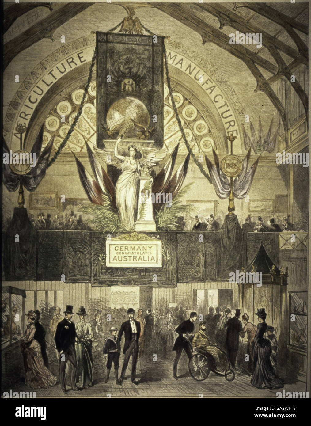 Print - 'Victory', The Illustrated London News, 29 Sep 1888, Coloured print from the front page of the 'Illustrated London News', 29 September 1888, of an illustration by R Taylor of the German statue 'Victory', exhibited above the southern entrance of the (Royal) Exhibition Building during the Melbourne Centennial International Exhibition, 1 August 1888 - 31 January 1889 Stock Photo