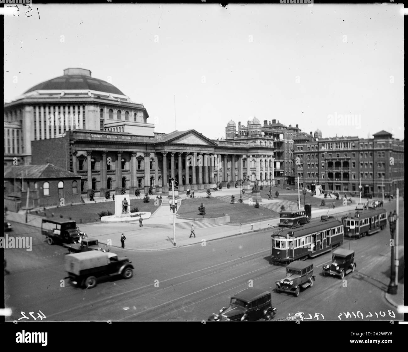 Glass Negative - View of Industrial & Technological Museum from corner of Swanston Street & LaTrobe Street, Melbourne, circa 1930s, Negative copy of photograph showing the Swanston Street entrance to the Industrial & Technological Museum, with Dome completed Stock Photo