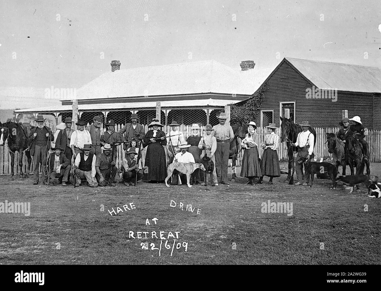 Negative - Boggabri, New South Wales, Jun 1909, A hunting party at a hare drive Stock Photo