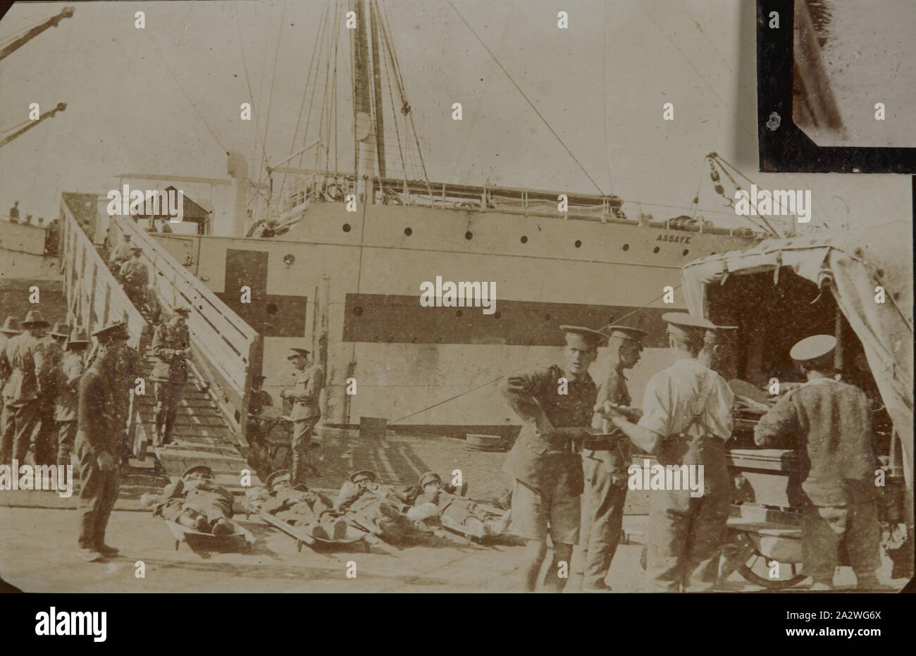 Photograph - 'Hospital Ships Unloading & Loading Convalescents Alexandria', HMAS Assaye, Egypt, World War I, 1915-1916, Photograph of the hospital ship HMAS Assaye 'Unloading and Loading Convalescents Alexandria'. Part of a collection of objects relating to, or brought back from, Europe and the Middle East after World War I, belonging to Sergeant John Lord, service # 6252, 13th Field Ambulance, Australian Army Medical Corps. On 4 November 1915 Lord joined the Mediterranean Expeditionary Force (MEF) on the HMAS Stock Photo