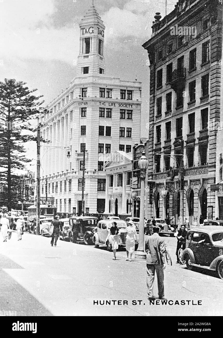 Negative - Newcastle, New South Wales, pre 1940, Pedestrians and cars in Hunter Street, Newcastle Stock Photo