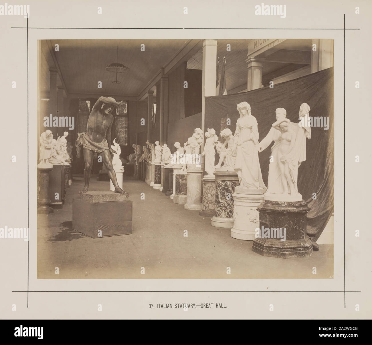 Photograph - Italian Statuary, Great Hall, Exhibition Building, 1880-1881, View of the display of Italian statuary in the Italian Court's display in the Great Hall at the 1880 Melbourne International Exhibition held at the Exhibition Buildings, Carlton Gardens, between 1 October 1880 and 30 April 1881. In addition to the main permanent Exhibition Building, two permanent annexes as well as a large, central wooden temporary annexe was constructed to house the courts of Stock Photo
