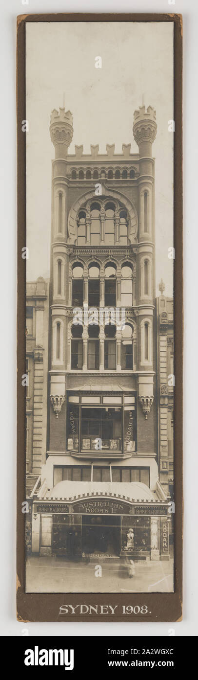 Photograph - Kodak Australasia Ltd, Building Exterior, Sydney, 1908, Black and white photograph of the Kodak Australasia Ltd building at 379-381 George Street Sydney, New South Wales, 1908. This photograph is part of the Kodak collection of products, promotional materials, photographs and working life artefacts, when the Melbourne manufacturing plant at Coburg closed down. manufactured and distributed a wide range of Stock Photo