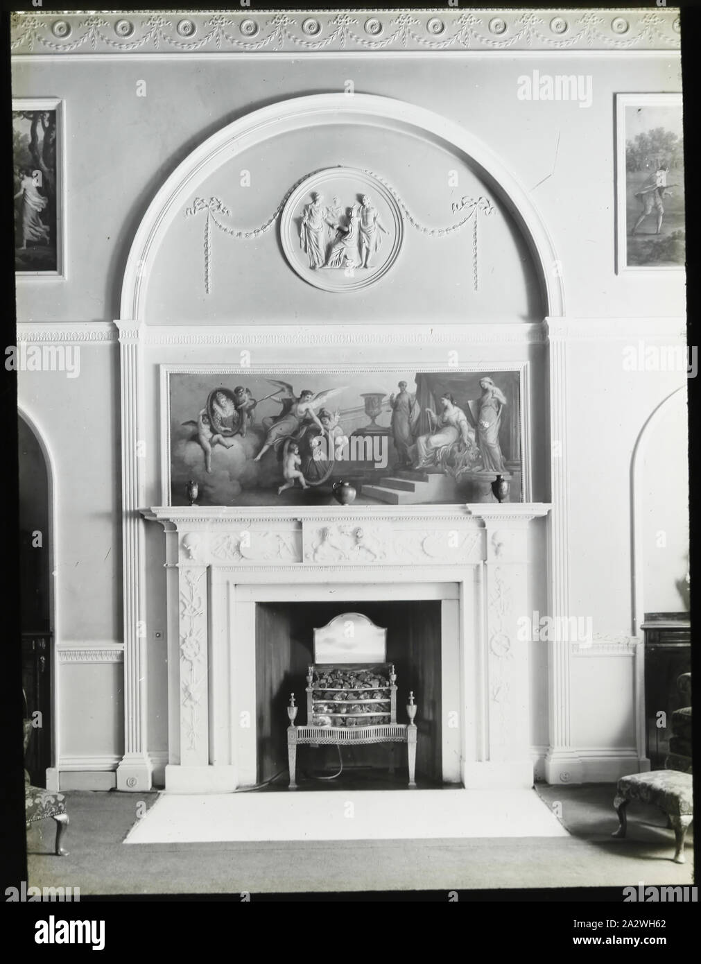 Lantern Slide - 'Adam Library Fireplace, 1909-1930, One of a set of ninety magic lantern slides containing images of artefacts, art works, decorative arts, interiors and furniture which appear to belong to various museum and gallery collections in the United Kingdom. The Francis Collection of pre-cinematic apparatus and ephemera was acquired by the Australian and Victorian Governments in 1975 Stock Photo