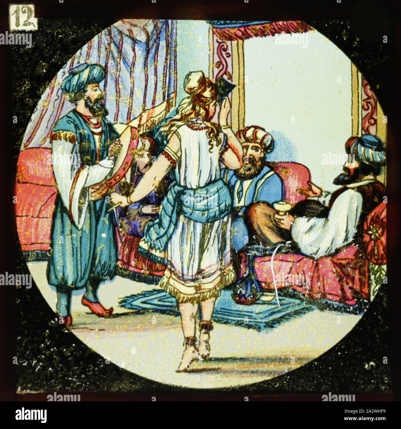 Lantern Slide - Ali Baba & the Forty Thieves, No. 12, 1900-1920, Alternative Name(s); Children's Slide; Magic Lantern Slide Slide number 12 from a set of 12 lantern slides depicting the story of Ali Baba & the Forty Thieves. Part of the Francis Collection of pre-cinematic apparatus and ephemera the Australian and Victorian Governments in 1975 Stock Photo