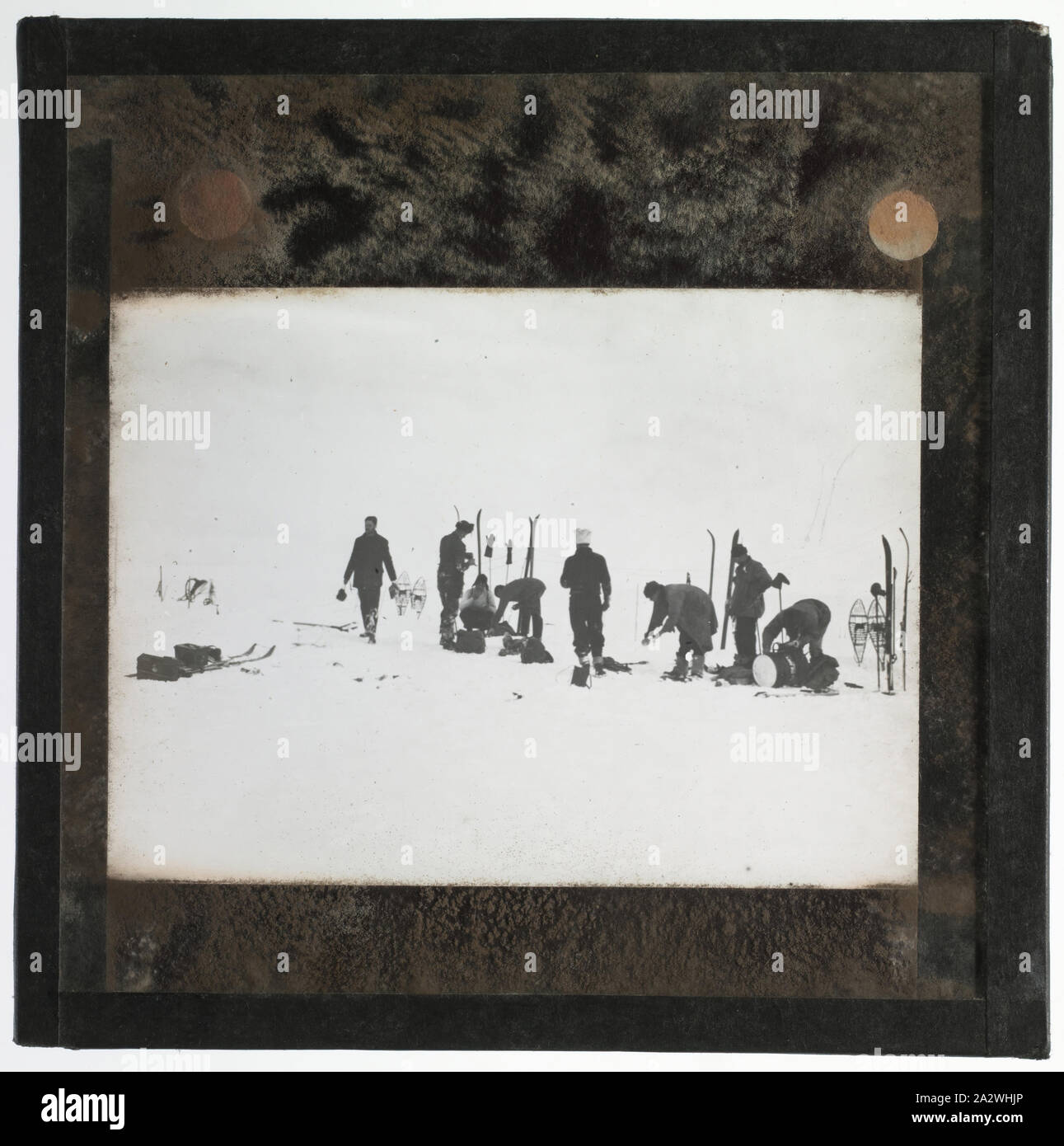 Lantern Slide - Discovery II Search Party at 'Little America', Ellsworth Relief Expedition, Antarctica, 1935-1936, Lantern slide of the Discovery II search party during the Ellsworth Relief Expedition, Antarctica. One of 328 images in various formats including artworks, photographs, glass negatives and lantern slides Stock Photo