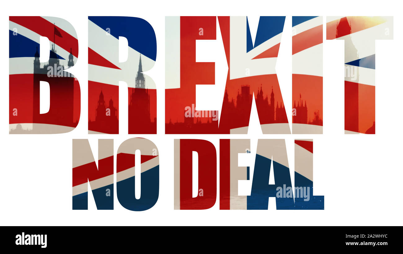 Brexit, No Deal title with union jack flag and houses of parliament. Stock Photo