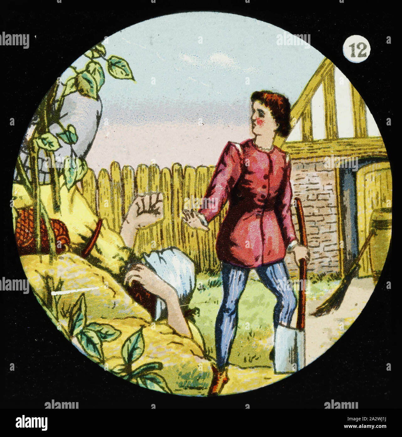 Lantern Slide - Jack & the Beanstalk, No. 12, 1900-1920, Alternative Name(s); Children's Slide; Magic Lantern Slide Slide number 12 from a set of 12 lantern slides depicting the children's story 'Jack and the Beanstalk'. pre-cinematic apparatus and ephemera the Australian and Victorian Governments in 1975 Stock Photo