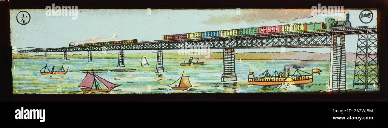 Lantern Slide - Miniature Panorama Format, Railway Bridge over Water, circa 1860-1920, Alternative Name(s): Children's Slide; Panorama Magic Lantern Slide This lantern slide series is part of the Francis Collection of pre-cinematic apparatus and ephemera the Australian and Victorian Governments in 1975. co-founder of the Museum of the Moving Image Stock Photo