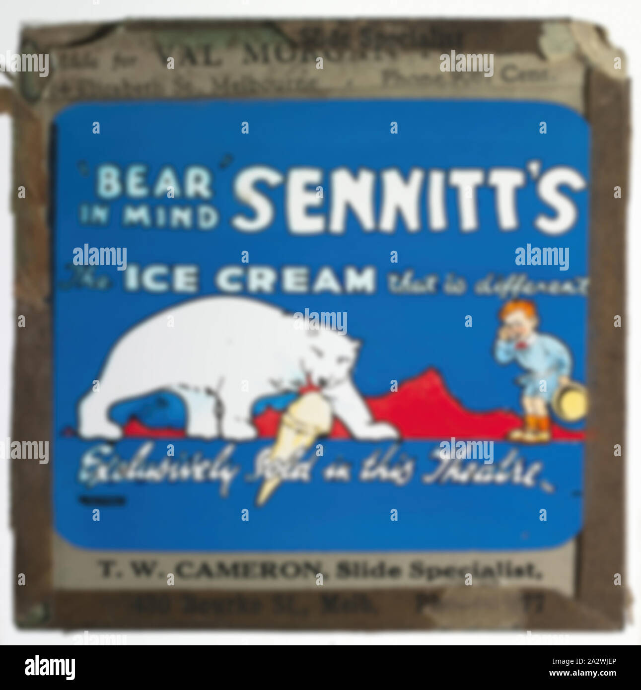 Lantern Slide - 'Sennitt's the Ice Cream That is Different', Coloured Ad, for Use With BANZARE Lantern Slides & Film, circa 1929-1940, Coloured lantern slide of an advertisment.. One of 328 images in various formats including artworks, photographs, glass negatives and lantern slides Stock Photo